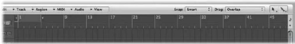 dit + Track + Region + MIDI + Audio + View Snap: Smart : Drag: Overlap : 1 9 13 17 21 25 29 33 37 41 45