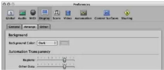 Preferences Global Audio MDI Display Score Video Automation Control Surfaces Sharing General Arrange Other Background Background Color: Dark Automation Transparency Regions: Other Data:
