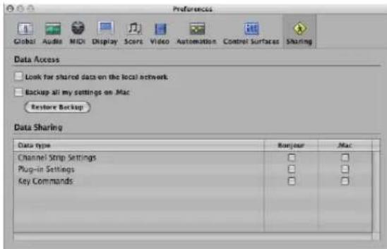 Preferences Global Audio MIDI Display Scents Video Automation Control Surfaces Sharing Data Access Look for shared data on the local network Backup all my settings on .Mac Restore Backup Data Sharing Data type Channel Strip Settings Plug-in Settings Key Commands Runjour Mac