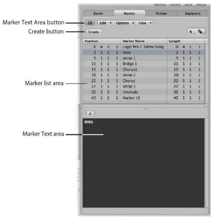 Marker Text Area button Create button Create Position Marker Name Length 0 4 1 1 Logic Pro 7 Demo Song 0 4 1 1 1 1 1 1 Intro 1 1 1 1 3 1 1 1 Verse 1 3 1 1 1 11 1 1 1 Bridge 1 11 1 1 1 15 1 1 1 Chorus1 15 1 1 1 19 1 1 1 Verse 2 19 1 1 1 22 1 1 1 Chorus 22 1 1 1 27 1 1 1 Verse 3 27 1 1 1 35 1 1 1 Interlude 35 1 1 1 43 1 1 1 Marker 10 43 1 1 1 Marker List area Marker Text area Intro