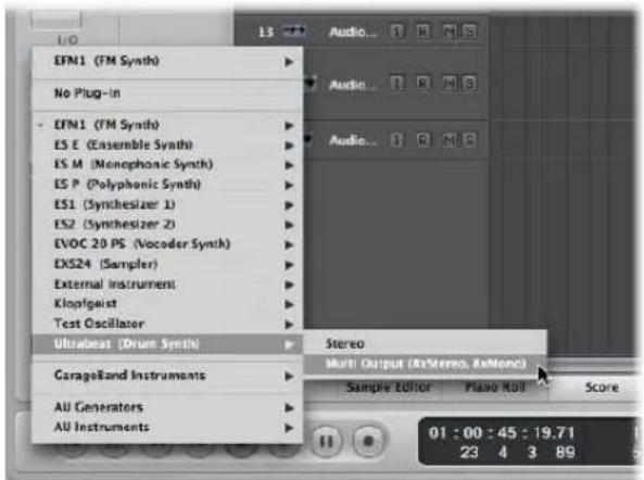 EFN1 (FM Synth) No Plug-in EFN1 (FM Synth) ES E (Ensemble Synth) ES M (Monophonic Synth) ES P (Polyphonic Synth) ES1 (Synthesizer 1) ES2 (Synthesizer 2) EVOC 20 PS (Vocoder Synth) EXS24 (Sampler) External Instrument Klopfgaet Test Oscillator Ultrabeat (Drum Synth) GarageBand Instruments AU Generators AU Instruments Audio... Audio... Audio... Stereo Multi Output (XxStereo, XxMono) Sample Editor Plano Roll Score 01:00:45:19.71 23 4 3 89