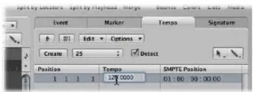 Split by Locators Split by Playhead Merge Bounce Colors Lists Media Event Marker Tempo Signature Edit Options Create 25 Detect Position Tempo SMPTE Position 1 1 1 1 127.0000 01:00:00:00.00