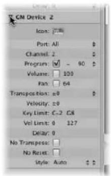 CM Device 2 Icons: Port: All Channel: 2 Program: ✓ - 90 Volume: 100 Fan: 64 Transposition: ±0 Velocity: ±0 Key limit: C-2 C8 Vel limit: 0 127 Delay: 0 No Transpos: No Reset: Style: Auto
