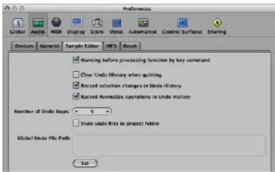 Preferences Global Audio MIDI Display Scene Video Automation Control Surfaces Sharing Devices General Sample Editor MP3 Reset Warning before processing function by key command Clear Undo History when quitting Record selection changes in Undo History Record Normalize operations in Undo History Number of Undo Steps: 5 Store undo files in project folder Global Undo File Path: Set