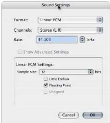 Sound Settings Format: Linear PCM Channels: Stereo (L R) Rate: 44,100 kHz Show Advanced Settings Linear PCM Settings: Sample size: 32 bits Little Endian Floating Point Unassigned Cancel OK