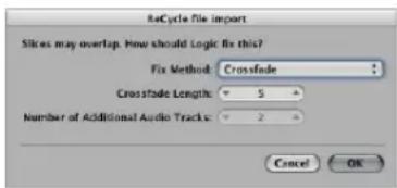 Recycle file import Slices may overlap. How should Logic fix this? Fix Method: Crossfade Crosstade Length: 5 Number of Additional Audio Tracks: 2 Cancel OK