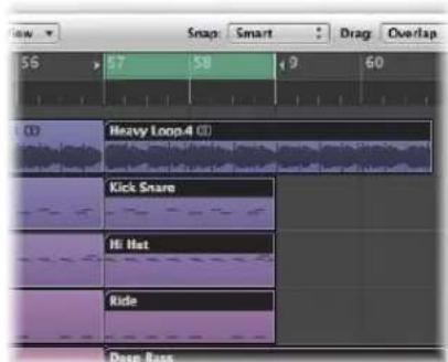 Snap: Smart Drag: Overlap 56 > 57 58 9 60 (C) Heavy Loop4 (C) Kick Snare HI Hot Ride Deep Bass