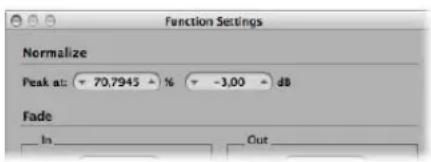 Function Settings Normalize Peak at: 70,7945 % -3,00 dB Fade In Out