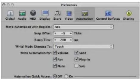 Preferences Global Audio MIDI Display Score Video Automation Control Surfaces Sharing Move Automation with Regions: Ask Snap Offset: -5 Ticks Ramp Time: 200 ms 'Write' Mode Changes To: Touch Write Automation for: Volume Send Pan Plug-In Mate Solo Automation Quick Access: Off On