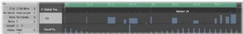 Crl. 1/16-None Run Width Note Length Style: No Frames Devel: 0 Length: 1 O Status: Note Global Tra... Marker 10 C1 Cutoff Fq