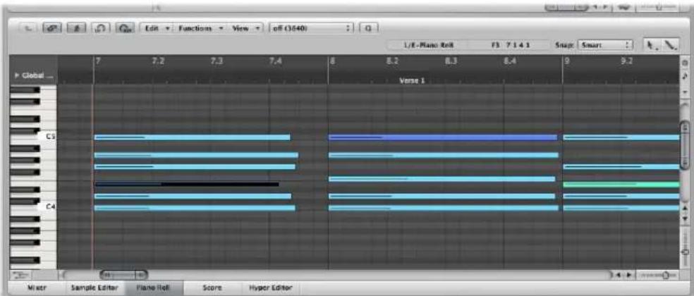 Edit Functions View off (3640) L/E- Piano Roll F3 7 1 4 1 Snap: Smart Global Verse 1 C5 C4 Mixer Sample Editor Piano Roll Score Hyper Editor