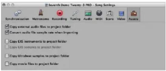 Seventh Demo Twenty-3 PRO - Song Settings Synchronization Metronome Recording Tuning Audio MIDI Score Video Assets Copy external audio files to project folder Convert audio file sample rate when importing Copy EXS instruments to project folder Copy EXS samples to project folder Copy Ultraweat samples to project folder Copy movie files to project folder