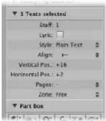 1 Texts selected Staff: 1 Lyric: Style: Plain Text Align: 1- Vertical Pos: +16 Horizontal Pos: +2 Pages: - Zone: free Part Box