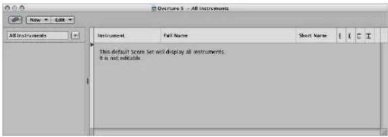 Overture 5 - All Instruments New Edit All Instruments Instrument Full Name Short Name This default Score Set will display all instruments. It is not editable.