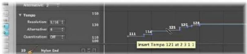 Alternatives 2 Tempo 150 Resolution: 1/16 Alternative: 4 Quantization: Off 130 110 100 39 Nylon End Insert Tempo 121 at 2 3 1 1