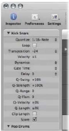 Inspector Preferences Settings Kick Snare Quartize: 1/16-Note Loop: Transposition: -24 Velocity: +5 Dynamics Gaze Time Delay: 0 Q-Swing: +50% Q-Strength: +100% Q-Range: 0 Q-Flam: 0 Q-Velocity: ±0% Q-Length: ±0% Clip Length: Score: Pop Drums