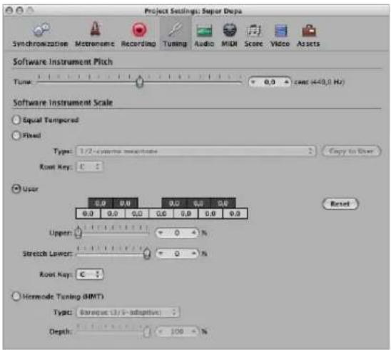 Project Settings: Super Dopa Synchronization Metername Recording Tuning Audio MIDI Score Video Assets Software Instrument Pitch Tune 0.0 const (449.0 Hz) Software Instrument Scale Equal Temporary Fixed Type: 1/2-rotorike transistole Copy to User Root Key: C - 1 User 0.0 0.0 0.0 0.0 0.0 0.0 0.0 0.0 0.0 0.0 0.0 0.0 Upper + 0 % Stretch Lower + 0 % Root Key: C - Hormode Tuning (HMT) Type: Barque (3/9 - adaptive) Depth: 100 % Reset