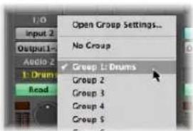 I:0 Input 2 Output 1 Audio 2 1: Drum Read Open Group Settings... No Group ✓ Group 1: Drums Group 2 Group 3 Group 4 Group 5