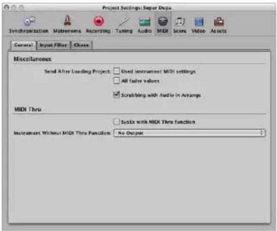 Project Settings: Super Dupa Synchronization Matronema Recording Tuning Audio MIDI Score Video Assets General Input Filter Chase Miscellaneous Send After Loading Project: Used instrument MIDI settings All faster values Scrubbing with Audio in Arrange MIDI Thru SysEx with MIDI Thru function Instrument Without MIDI Thru Function: No Output