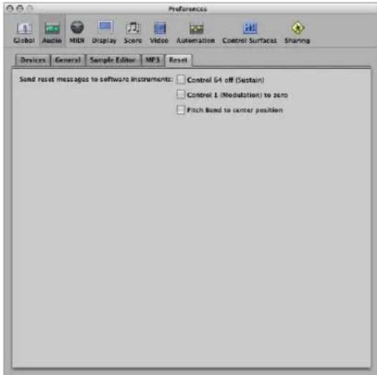 Preferences Global Audio MIDI Display Scene Video Automation Control Surfaces Sharing Devices General Sample Editor MP3 Reset Send reset messages to software instruments: Control 64 off (Sustain) Control 1 (Modulation) to zero Pitch Band to center position