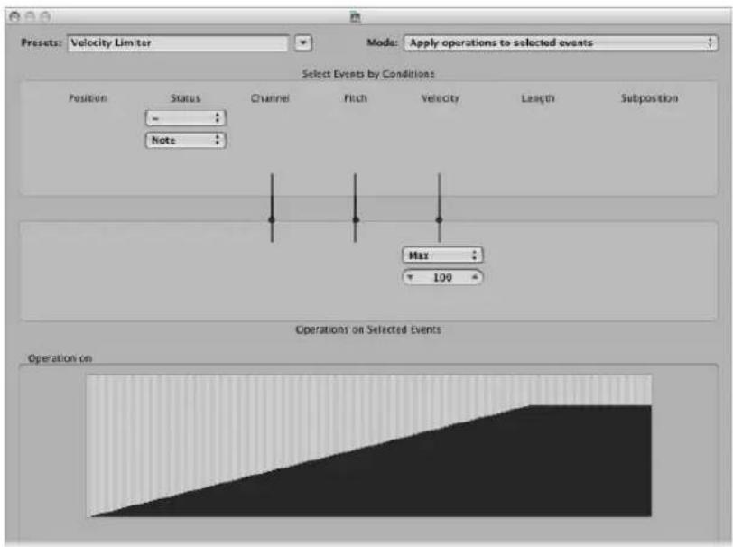 Presets: Velocity Limiter Mode: Apply operations to selected events Select Events by Conditions Position Status Channel Pitch Velocity Length Subposition - Note Max 100 Operations on Selected Events Operation on
