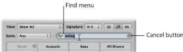 Find menu View: Show All Signature: 4/4 Scale: Any swing Reset Acoustic Bass All Drums Cancel button