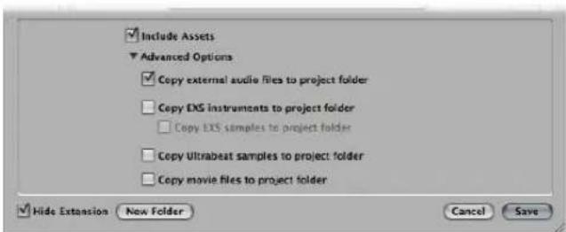Include Assets Advanced Options Copy external audio files to project folder Copy EXS instruments to project folder Copy EXS samples to project folder Copy Ultrabeat samples to project folder Copy movie files to project folder Hide Extension New Folder Cancel Save