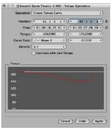 Seventh Demo Twenty-3 ARR - Tempo Operations Operation: Create Tempo Curve Position: 11 1 1 1 Time: +01:00:18.15.51 Temp: 169,000 Curve Type: -Shape 2 Density: 1/1 Continuous with new Tempo Temps: Cancel Undo Apply