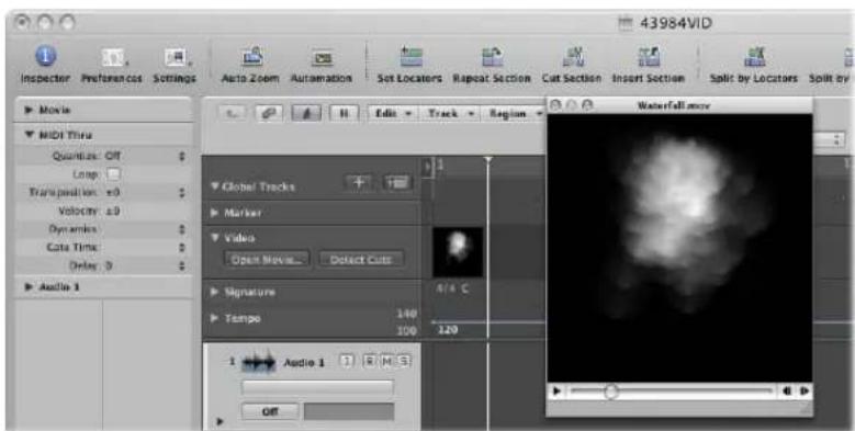43984VID Inspector Preferences Settings Auto Zoom Automation Set Locators Repeat Section Cut Section Insert Section Split by Locators Split by Movie MIDI Thru Quanties: Off Long: Transposition x0 Volocity x0 Dynamics Cata Time: Delay 0 Audio 1 Global Tracks Marker Video Open Movie... Detect Cuts Signature Tempo 140 100 120 Audio 1 1 1 M S Off Waterfall.mov
