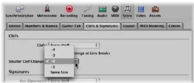 Synchronization Metronome Recording Tuning Audio MIDI Score Video Assets Global Numbers & Names Guitar Tab Clefs & Signatures Layout MIDI Meaning Colors Clefs Clefs - Every Staff -4 -3 Smaller Clef Change: -2 -1 Signatures Same Size Key Signatures: Every Staff
