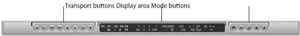Transport buttons Display area Mode buttons 01:01:12:09:43 1 1 1 1 120.0000 4/4 1 D4 25 m 40 1 4 75 94 4 4 240 95 /16 No Out