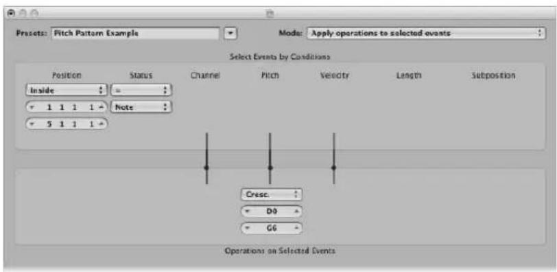 Presets: Pitch Pattern Example Mode: Apply operations to selected events Select Events by Conditions Position Status Channel Pitch Velocity Length Subposition Inside - 1 1 1 1 5 1 1 1 Cresc. D0 G6 Operations on Selected Events
