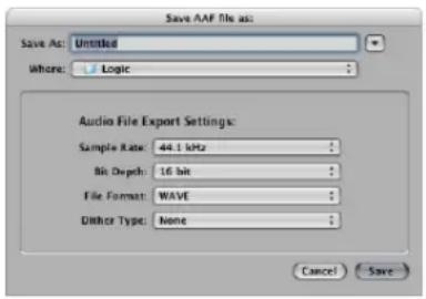 Save AAP file as: Save As: Untitled Where: Logic Audio File Export Settings: Sample Rate: 44.1 kHz Bit Depth: 16 bit File Format: WAVE Dither Type: None Cancel Save