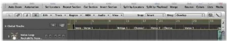 Auto Zoom Automation Set Locators Repeat Sections Cut Section Insert Section Split by Locators Split by Playhead Merge Bounce Colors Units Media Edit Track Region MID Audio View Snap Smart Drag Overlap Global Tracks Name Verse 1 Bridge 1 Chorus 2 Chorus Verse 3 Noise Loop Rockability Acca...