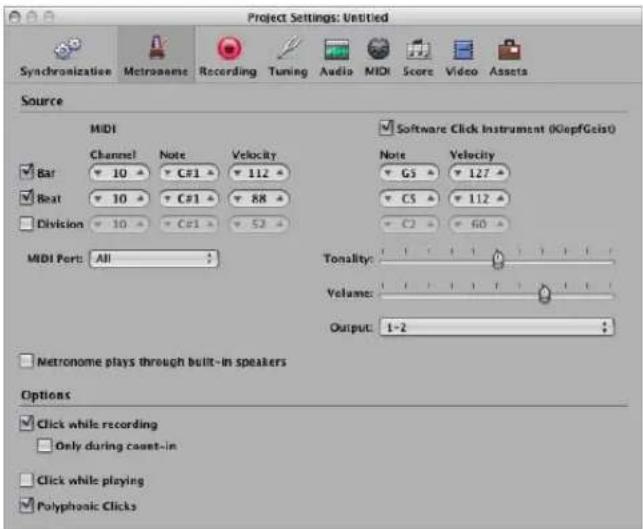 Project Settings: Untitled Synchronization Metronome Recording Tuning Audio MIDI Score Video Assets Source MIDI Channel Note Velocity Bar 10 C#1 112 Beat 10 C#1 88 Division 10 C#1 52 MIDI Port: All Software Click Instrument (KopfGeist) Note Velocity G3 127 C5 112 C2 60 Tonality: Volume: Output: 1-2 Netronome plays through built-in speakers Options Click while recording Only during count-in Click while playing Polyphonic Clicks