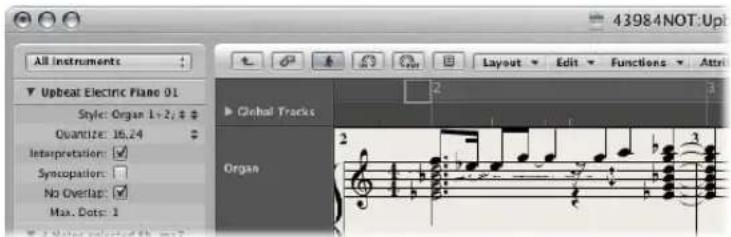 All Instruments Upbeat Electric Piano 01 Style: Organ 1+2; # Quantize: 16.24 Interpretation: ✓ Syncopulation: No Overlap: ✓ Max. Dots: 3 Global Tracks Organ 43984NOT: Up Layout Edit Functions Attn