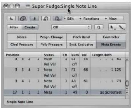 Super Fudge:Single Note Line Notes Progr. Change Pitch Bend Controller Chnl Pressure Poly Pressure Syst Exclusive Note Events Position Status Ch Num Val Length/Info 3 3 2 1 Note 1 F3 55 .. 1 81 Rel Vol off 3 3 4 1 Note 1 F3 66 .. 1 125 Rel Vol off 3 4 1 1 Note 1 A3 81 .. 1 73 Rel Vol off 17 1 1 1 Meta 1 49 0 go Screenshot Single Note Line