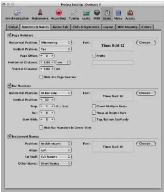 Project Settings: Overbars 5 Synchronization Maternoma Recording Tuning Audio MIDI Scene Video Assets Global Numbers & Names Guitar Tab Clefs & Signatures Layout MIDI Meaning Colors Page Numbers Horizontal Position: Alternating Font: Times Bold 12 Choose... Vertical Position: Top Page Offset: +0 > Horizontal Distance: +1.00 cm Vertical Distance: +1.00 cm Hide 1st Page Number Bar Numbers Horizontal Position: At Bar Line Font: Times Bold 16 Choose... Vertical Position: +32 Step: +1 (0 x line) Count Multiple Rents Bar: +0 > Start With: +0 > Hide Bar Numbers in Linear View Instrument Names Position: inside staves Font: Times Bold 18 Choose... Align Left 1st Staff Full Names Other Staves Short Names