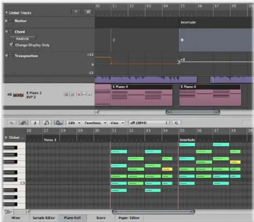 Global Tracks Marker Chord Analyze Change Display Only Transposition +12 0 -12 Interlude C D +2 49 E Piano 2 EVP 2 E Piano 4 E Piano 4 Edit Functions View off (3840) 26 27 28 29 30 31 32 33 34 35 36 37 38 39 Global ... Verse 3 Interlude C3 Mixer Sample Editor Piano Roll Score Hyper Editor