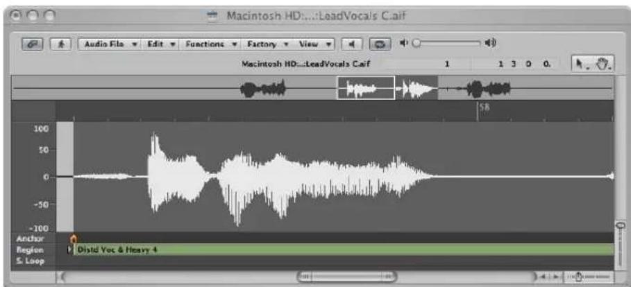Macintosh HD:...LeadVocals Caif Audio File Edit Functions Factory View Macintosh HD...LeadVocals Caif 1 1 3 0 0 58 100 50 0 -50 -100 Anchor Region S. Loop Distd Voc & Heavy 4