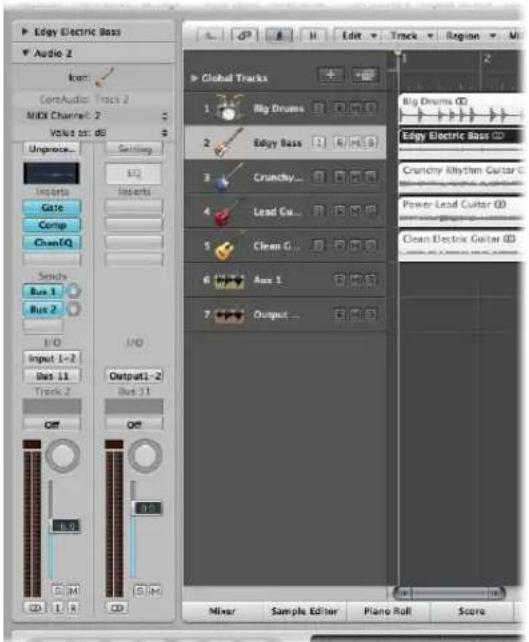 Edge Electric Bass Audio 2 ComAudio: Trace 2 Mills Channel: 2 VOLUT 01: 08 Uniproc... Settings Inserts Gate Comp ChampQ Sends Bus 1 Bus 2 Input 1-2 Bus 11 Track 2 Off Output1-2 Bus 11 Off Global Tracks Big Drums Edge Bass Crunchy... Lead Cu... Clean G... Aux 1 Output ... Mixer Sample Editor Piano Roll Score Big Drums OD Edge Electric Bass OD Crunchy Rhythm Guitar OD Power Lead Guitar OD Clean Electric Guitar OD