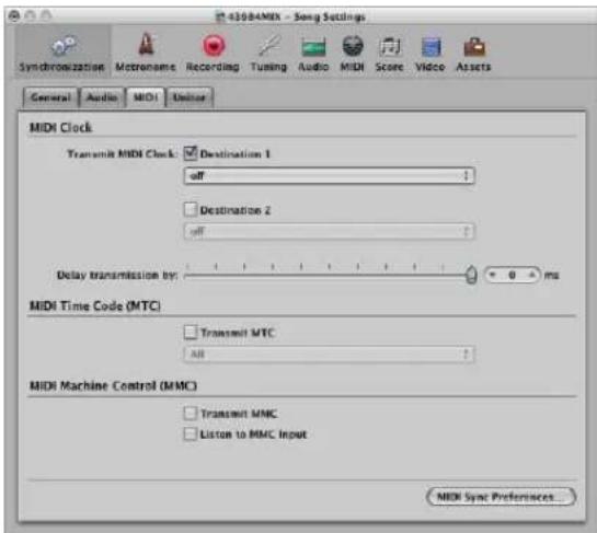 4308AMEX - Song Settings Synchronization Metname Recording Tuning Audio MIDI Score Video Assets General Audio MIDI Uniform MIDI Clock Transmit MIDI Clock: Destination 1 OFF Destination 2 OFF Delay transmission by: + 0 - ms MIDI Time Code (MTC) Transmit MTC All MIDI Machine Control (MMC) Transmit MMC Listen to MMC Input MIDI Sync Preferences