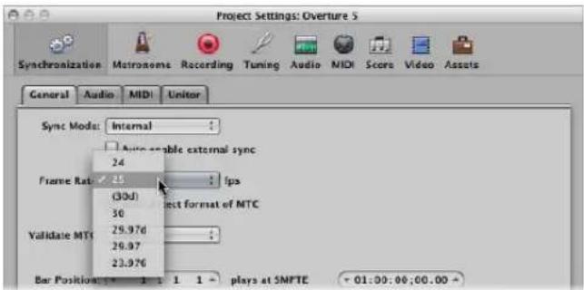 Project Settings: Overture 5 Synchronization Matronome Recording Tuning Audio NIDI Score Video Assets General Audio MIDI Unitor Sync Mode: Internal Auto enable external sync 24 Frame Rate: 25 fps (30μ) 30 Validate MT1 29.976 29.97 23.976 Bar Position: 1 1 1 plays at SMPTE - 01:00:00;00.00 -