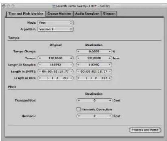 Sventh Demo Twenty-3 HYP - Factory Time and Pitch Machine: Groove Machine Audio Engrizer Silencer Mode: Free: Algorithm: Version 5 Tempo Original Destination Tempo Change: 0.0000 % Tempo: 130.0000 130.0000 rpm Length in Samples: 116992 116992 Length in SMPTE: 00:00:02:18.77 00:00:02:18.77 Length in Bars: 1 1 2 237 1 1 2 237 Pitch Destination Transposition: 0 Cost Harmonic Correction Harmonic 0 Cost Process and Paste