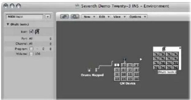 Seventh Demo Twenty-3 INS - Environment MIDI Ins: (Multi Ins): Icon: ✓ Port: All Channel: All Program: 0 Volume: 100 Drums Mapped CM Device New Edit View Options Multi Ins