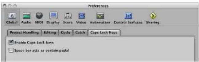 Preferences Global Audio MIDI Display Score Video Automation Control Surfaces Sharing Project Handling Editing Cycle Catch Caps Lock Keys Enable Cape Lock keys Space bar acts as sustain pedal