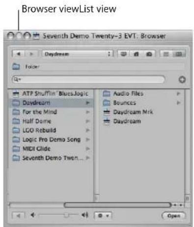 Browser viewList view Seventh Demo Twenty-3 EVT: Browser Daydream Folder ATP Shuffin' Blues,logic Daydream For the Mind Half Dome LGO Rebuild Logic Pro Demo Song MIDI Glide Seventh Demo Twen... Audio Files Bounces Daydream Mrk Daydream Open