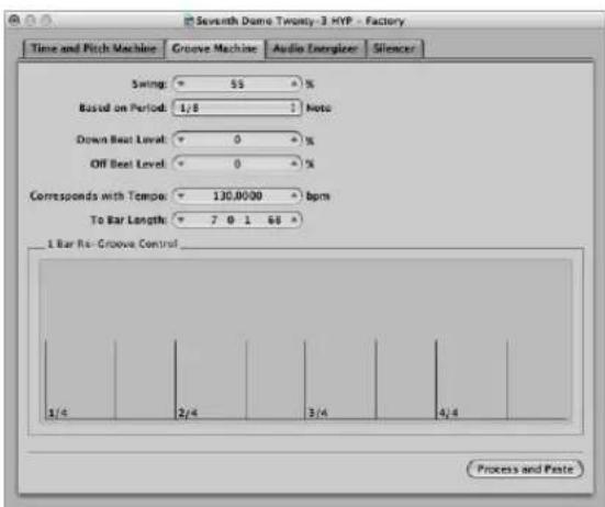 Seventh Damo Twenty-3 HYP - Factory Time and Pitch Machine Groove Machine Audio Engrizer Silencer Swing: 55 % Based on Period: 1/8 Note Down Beat Level: 0 % Off Beat Level: 0 % Corresponds with Temp: 130.0000 bpm To Bar Length: 7 0 1 68 ° 1 Bar Rx - Groove Control 1/4 2/4 3/4 4/4 Process and Paste