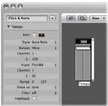 Click & Ports Tempo Icon: Style: Auto Style Output: Meta Channel 1 -1 - 100 Input: PcsHbd Channel 1 -1 - 96 Range: 0 127 Value sc: bpm Filter off Feedback: Tempo