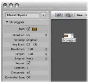 Global Objects (Arpeggio) Icon Direction: Up Velocity: Original Key Limit: G2 C6 Resolution: 1/8 Length: 1/8 Snap to: None Repeat Octaves: 1 Crescendo: e0 Controller Base: Off
